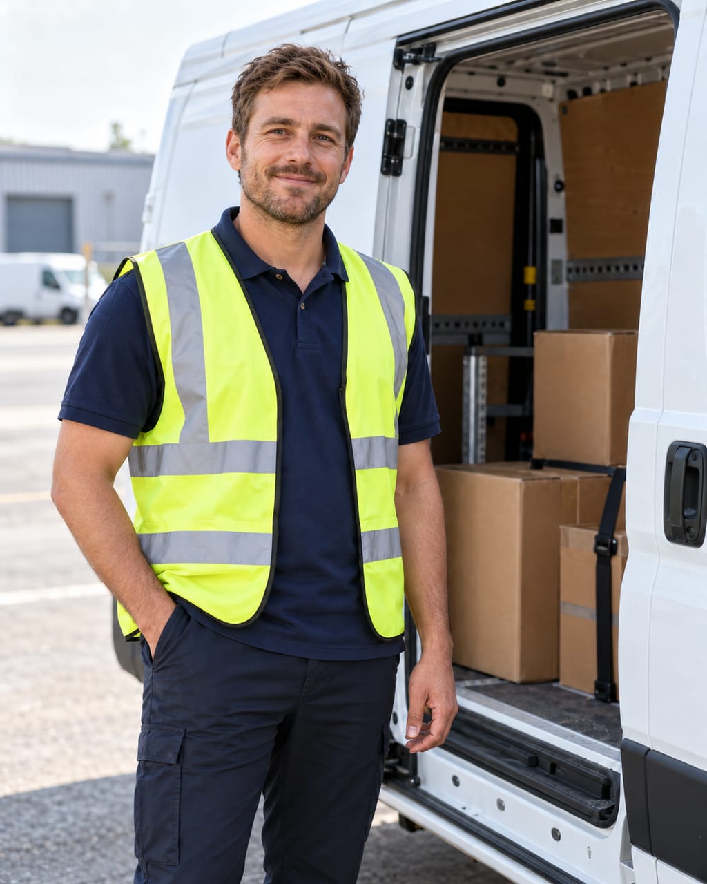 Delivery driver in a high-visibility vest standing beside the open side door of a white cargo van loaded with packages