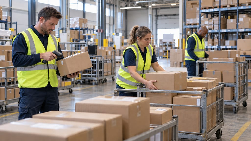 Three workers in high-visibility vests scanning and loading packages onto roll cages in a warehouse