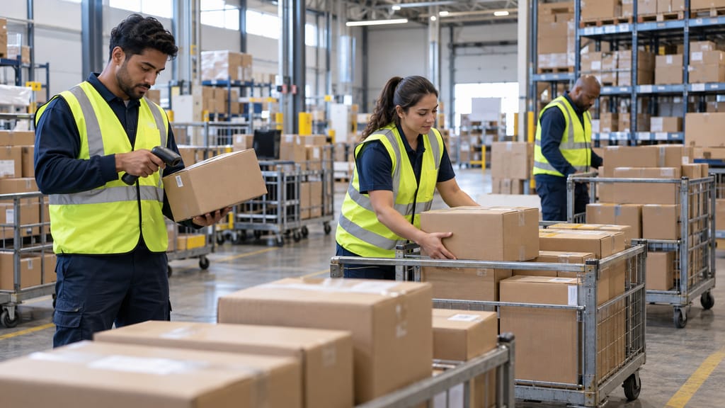 Three workers in high-visibility vests scanning and loading packages onto roll cages in a warehouse